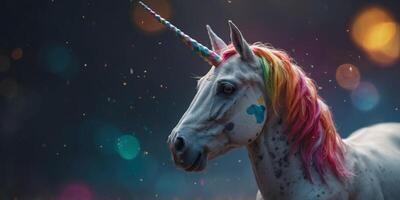 A colorful unicorn with a skull on its head. photo
