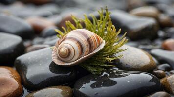Striped shell and seaweed on wet rocks by shore. photo