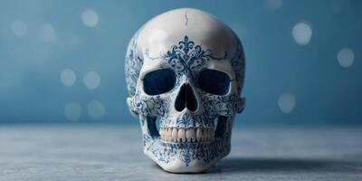 A white skull with blue designs on it is on a blue background. photo