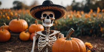 A skeleton wearing a sombrero and smiling with pumpkins in the background. photo
