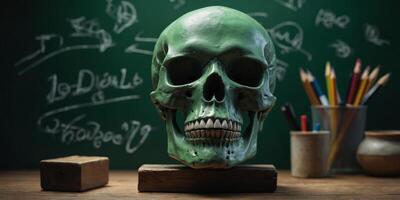 A blackboard with a skull drawn on it sits on a green background. photo