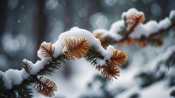 Snow covered spruce branch in winter for design background. photo