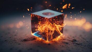A close up of a cube alongside fire coming out of it. photo