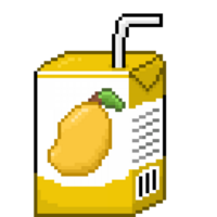 A retro-styled pixel-art illustration of a yellow and white juice box with a mango icon on the front. png