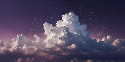 A cloud of white clouds is floating in the sky on a purple background. photo