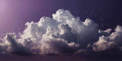 A cloud of white clouds is floating in the sky on a purple background. photo