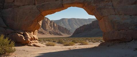 Round stone portal in desert with steep cliffs abandoned and mysterious. photo