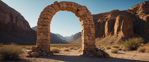 Round stone portal in desert with steep cliffs abandoned and mysterious. photo