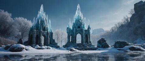 Mystical frozen temple ruins overgrown with ice and snow. photo