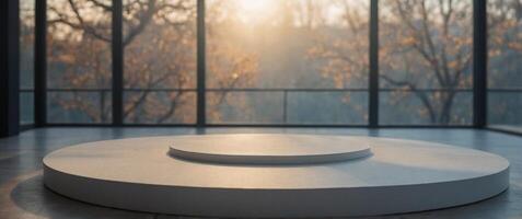 Minimalist empty white pedestal with natural light. photo