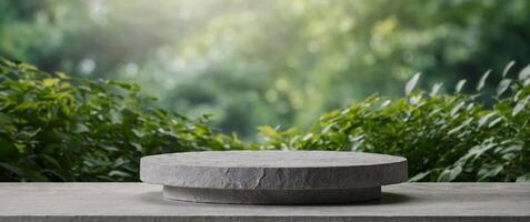 natural stone and concrete podium in natural green background for empty show for packaging product presentation background for cosmetic products the scene with green leaves mock up the pedestal. photo