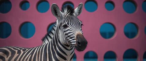 A zebra standing in front of a pink and blue background. photo