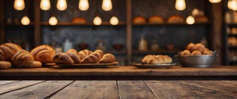 Rustic Wooden Table with Vintage Bakery Background for Artisanal Food Product Concept and Display. photo