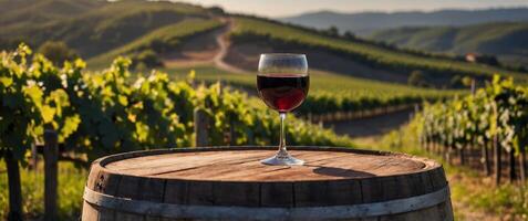 A Glass of Red Wine on a Wooden Barrel in a Scenic Vineyard Landscape. photo