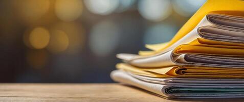 A stack of papers on a table with a bright yellow background. photo