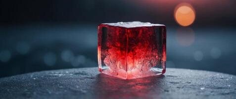An cube made of ice with a red glow on it. photo