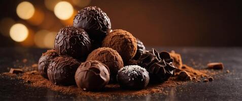Assorted Chocolate Truffles on Chocolate Background. photo