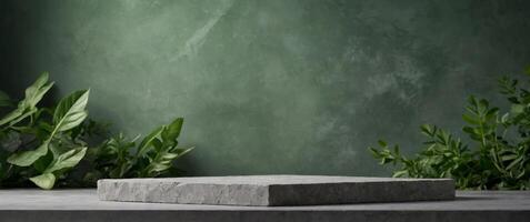 natural stone and concrete podium in natural green background for empty show for packaging product presentation background for cosmetic products the scene with green leaves mock up the pedestal. photo