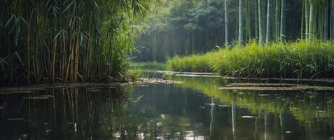 a peaceful pond surrounded by towering bamboo stalks their rustling leaves creating a soothing soundtrack to the tranquility of the scene. photo