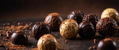 Assorted Chocolate Truffles on Chocolate Background. photo