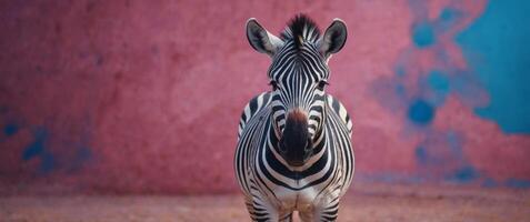 A zebra standing in front of a pink and blue background. photo