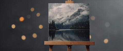 Artistic easel with framed picture on gray background tripod mounted info frame. photo