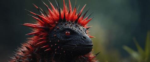 An red and black creature with a face and a bunch of spikes. photo