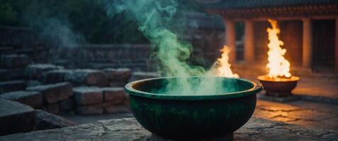 Mystical Cauldron Emitting Green Smoke in Ancient Temple at Dusk. photo