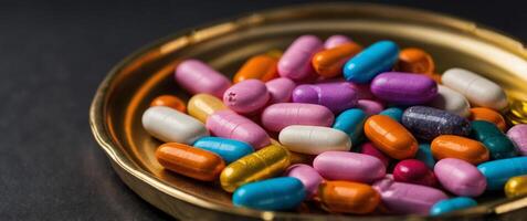 An gold tray with a bunch of colorful pills on it. photo