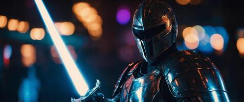 Neon knight in armor with a glowing plasma sword. photo