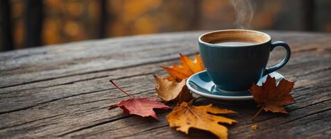 Cozy Autumn Coffee Break on a Rustic Wooden Table with Fallen Leaves. photo