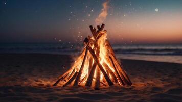 Bonfire on a beach under a starry sky at twilight. photo