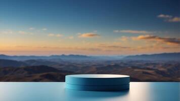 Empty pedestal display on blue background with stand for product show or presentation. photo