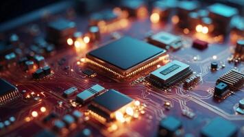 Futuristic Circuit Board with Glowing Microchip Connections. photo