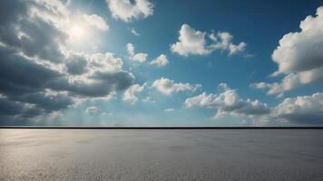 Heavenly Blue Sky Background with Beautiful Weather Clouds and Empty Gray Asphalt Floor. photo