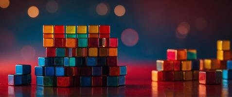 Stacked colorful cubes on red background. photo