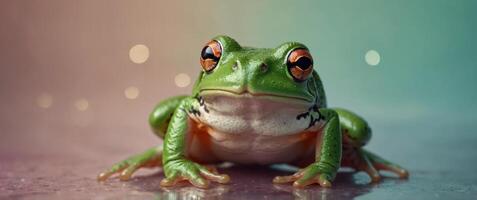 Green exotic frog jumping on a pastel gradient background with copy space. photo