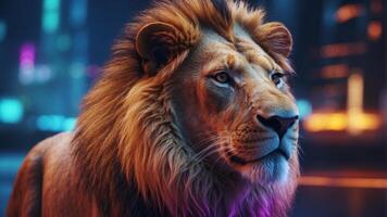 Futuristic Neon Polygonal Lion in Cyberspace. photo