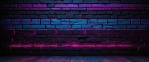 black brick wall background with neon lighting effect pink purple and blue glowing lights on empty brick wall background. photo