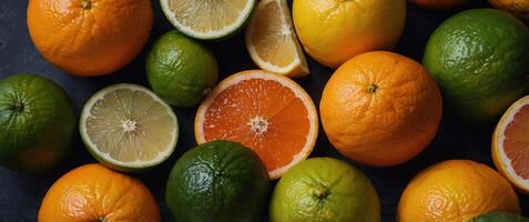 Various citrus fruits are displayed in the picture. photo