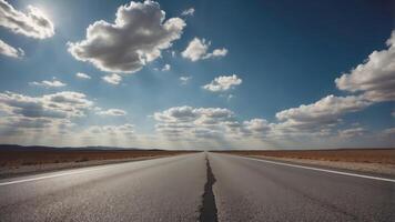 Heavenly Blue Sky Background with Beautiful Weather Clouds and Empty Gray Asphalt Floor. photo