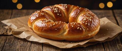 Warm Soft Pretzel Bun with Shiny Golden Crust on Rustic Wooden Background. photo