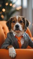 An dog in a suit sitting on an orange couch. photo