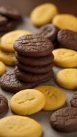 Assorted chocolate cookies on a yellow background. photo