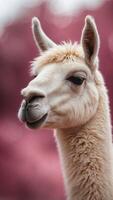 White Llama Standing in Front of Pink Background. photo