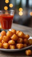 Crispy Golden Tater Tots with Ketchup Dip on a Casual Dining Table. photo