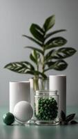 Minimalist Green and White Product Display. photo