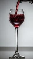Close up red wine is poured from bottle into glass on white clean background. photo