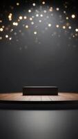 Minimalist empty dark grey display platform with soft lighting. photo