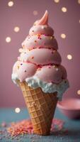 Ice cream cone with pink sprinkles on simple background. photo